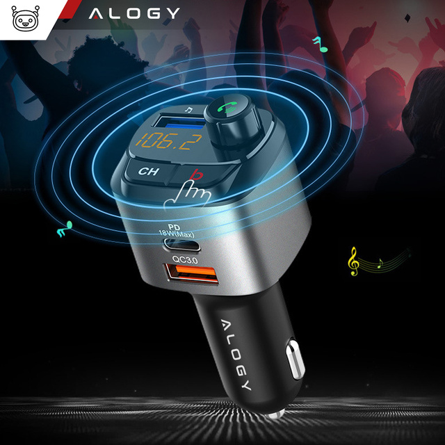 Alogy FM vysielač do auta USB nabíjačka QC 3.0 USB-C PD Bluetooth MP3 prehrávač 1m kábel USB-C do púzdra Lightning