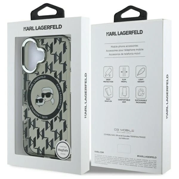 Etui Karl Lagerfeld do iPhone 16 6.1" Czarne MagSafe IML Monogram Karl&Choupette Head