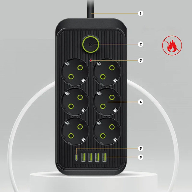 Verlängerungskabel Steckdosenleiste 6 Steckdosen AC EU-Steckdosen 4x USB USB-C Typ C-Steckdosen 2500 W Schwarz