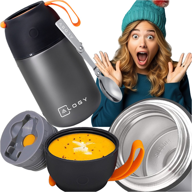 Termos pojemnik obiadowy na jedzenie żywność zupę lód dla dzieci 700ml Alogy ze stali nierdzewnej + składana łyżeczka termiczny szary