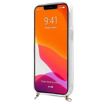 Guess GUHCP13SKC4GBGO iPhone 13 mini 5,4" priehľadné pevné puzdro 4G hnedý remienok zlatá retiazka