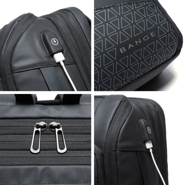 Wasserdichter Rucksack von Bange für Laptops bis 15,6 Zoll, ideal für Städtetrips, 49 x 31 x 18 cm, erweiterbar für Arbeit und Flugreisen, für Damen und Herren, mit USB-Anschluss, Schwarz