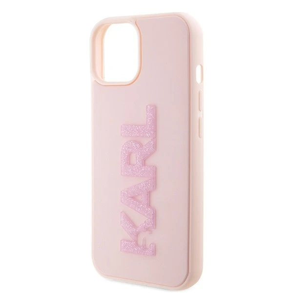 Pouzdro Karl Lagerfeld KLHCP15S3DMBKCP pro iPhone 15 6,1" růžový/růžový pevný obal 3D Rubber Glitter Logo