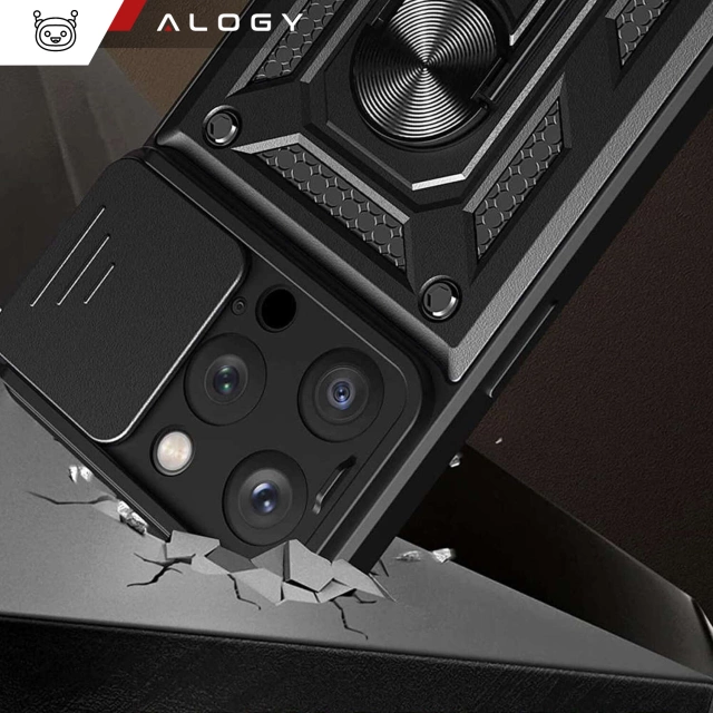 Puzdro pre Apple iPhone 16 Pro pancierové Slide Case Ring puzdro ochrana fotoaparátu Camshield Alogy čierne
