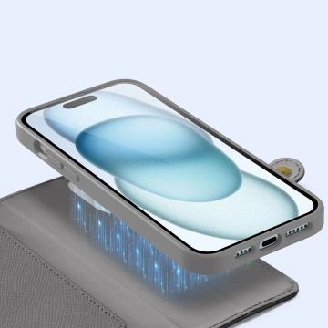Kožené pouzdro na iPhone 15 Dux Ducis Lawa MagSafe šedé