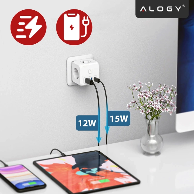 Síťový splitter splitter Adaptér nabíječky zloděj 3 zásuvky EU 3x USB USB-C C 7v1 Alogy Bílá