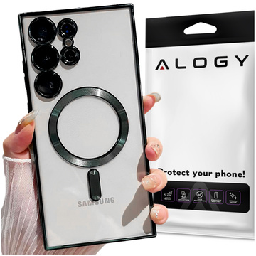 Etui do Samsung Galaxy S24 Ultra Mag Safe Glamour Case Ring obudowa ochrona aparatów Alogy Czarne przezroczyste + Szkło