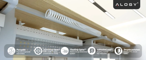 Federbelasteter Kabelorganizer für unter den Schreibtisch – Flexible Kabelmanagement-Abdeckung 50 x 4 cm, selbstklebend, zur Kabelorganisation – Alogy CableStrip™ Weiß