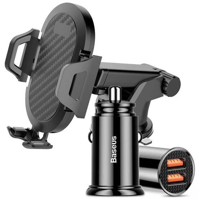 Uchwyt samochodowy 360 na szybę Alogy karbon czarny + Ładowarka Baseus Czarna