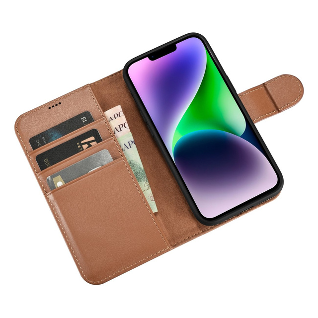 Kožené flipové pouzdro iCarer Wallet Case 2v1 iPhone 14 Plus Anti-RFID Hnědé (WMI14220727-BN)