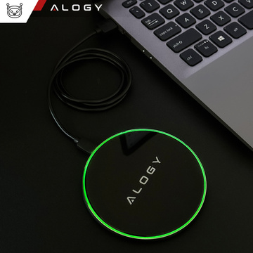 QI wireless inductive charger 15W fast LED Alogy round for iPhone USB-C cable Black