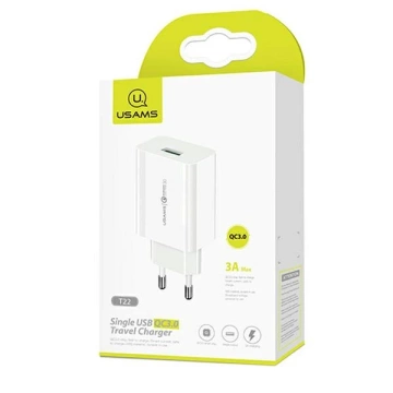 USAMS Nástěnná nabíječka 1x USB T22 18W 3A QC3.0 USB-C kabel 1m bílá/bílá (T48) T48OCLN01