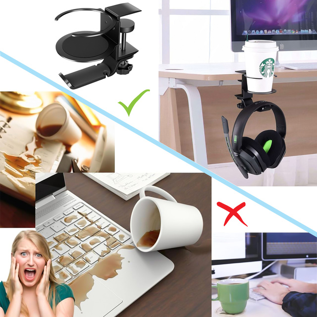 2v1 stolní organizér držák na šálek sluchátka kabely stolní hliníkový stojánek věšák háček Alogy Black