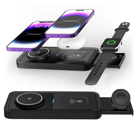 Bezdrátová indukční nabíječka Qi QC 3.0 3v1 Rychlá pro Apple iPhone Airpods Watch Nabíjecí stanice 15W černá