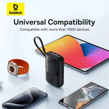 Powerbanka Baseus Qpow Pro 10000mAh 22,5W s vestavěným USB-C kabelem a displejem - černá