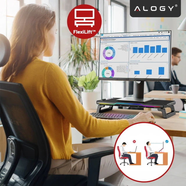 Podstawka pod monitor z lampką listwą świetlną RGB z wejściami HUB USB (3× USB-A, 1× USB-C) – biurkowa do Home Office, Gaming, poprawa ergonomii – Alogy MonitorStand™ Czarna