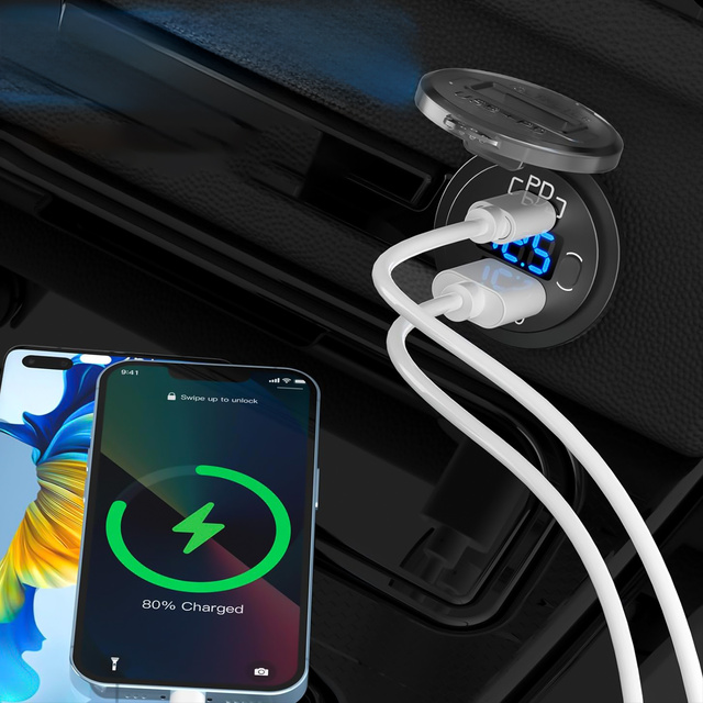 Ładowarka samochodowa USB QC 3.0 + USB-C type-C PD adapter gniazdo zapalniczki samochodu Woltomierz LED 48W szybka do telefonu czarna