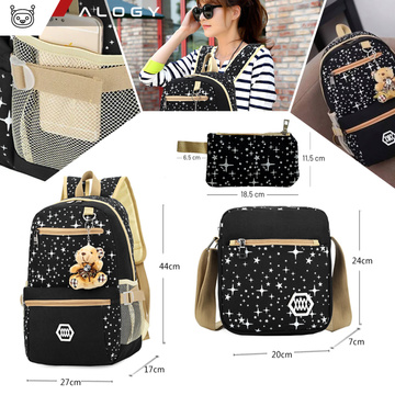 3in1 backpack school urban youth school bag pencil case cosmetic bag keychain teddy bear capacious women's Black with stars Alogy
