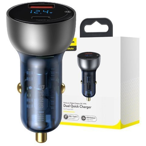 Baseus USB / Type-C LED 65W QC PPS stříbrná nabíječka do auta