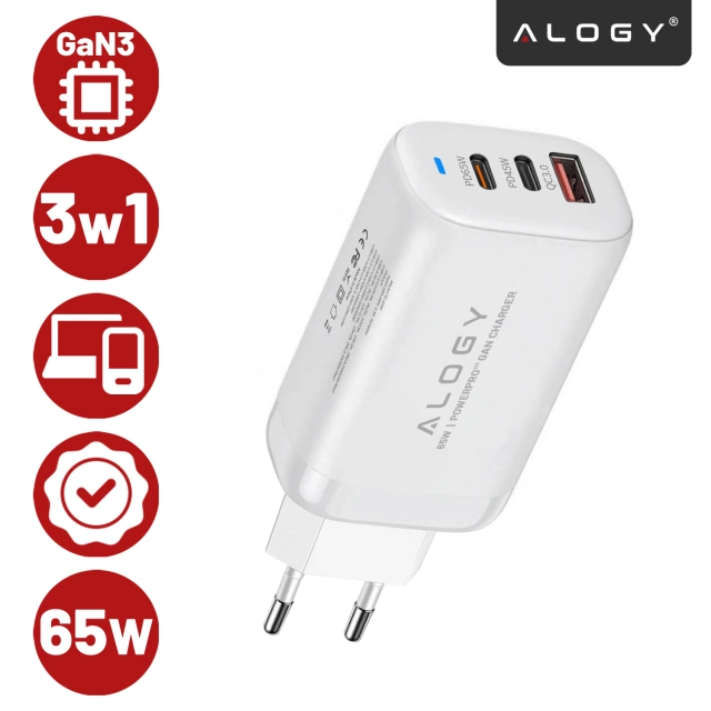 Ładowarka Sieciowa Szybka 3w1 do telefonu samsung iphone GaN3 65W PD i QC, Porty 2x USB-C 65W + USB-A 30W, Alogy GaNCharge Compact™ – Biała