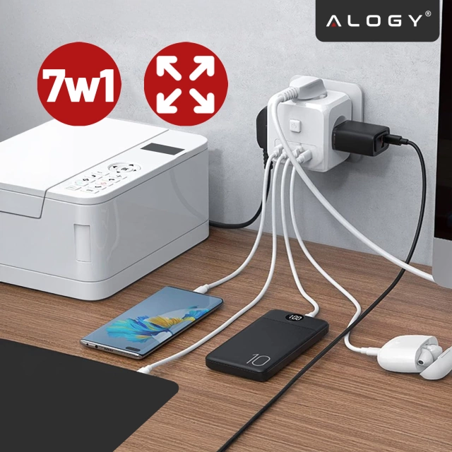 Netzwerk Splitter Splitter Ladegerät Adapter Dieb 3 Steckdosen EU 3x USB USB-C C 7in1 Alogy Weiß