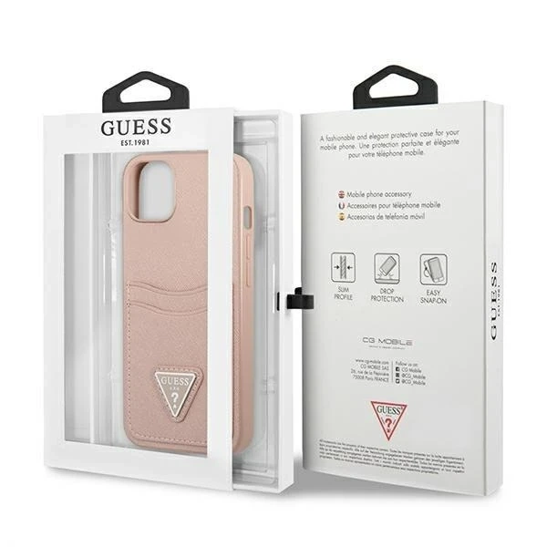Etui Guess GUHCP13SPSATPP do Apple iPhone 13 Mini 5,4" ružové/ružové pevné puzdro SaffianoTriangle Logo Cardslot