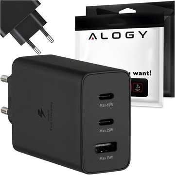Rýchla 65W nástenná nabíjačka 2x USB-C typ C PD USB-A USB Alogy 3 porty silná čierna