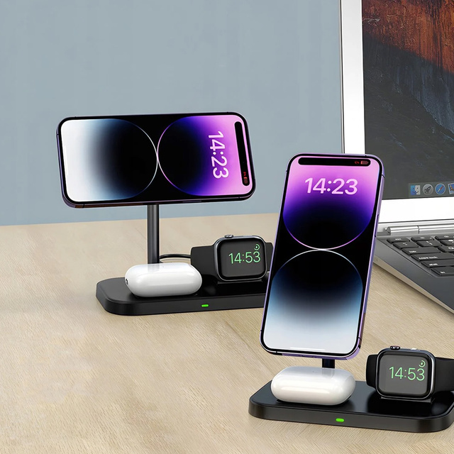 Qi Mag Safe 15W induktives Ladegerät für iPhone Apple Watch AirPods 3in1 kabellose Standstation Schwarz