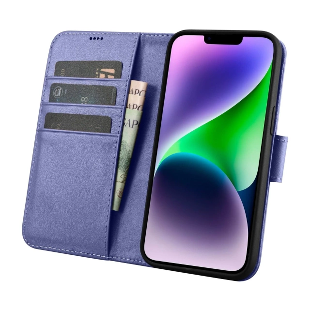 Kožené flipové pouzdro iCarer Wallet Case 2v1 iPhone 14 Plus Anti-RFID Světle fialové (WMI14220727-LP)