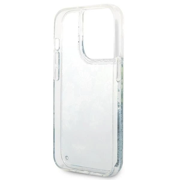 "Etui Guess GUHCP14LLFLSN do Apple iPhone 14 Pro 6,1\" zielony/zelené pevné puzdro Flower Liquid Glitter"