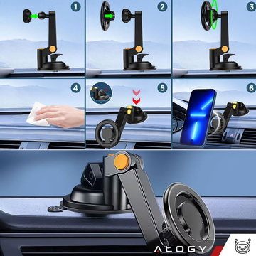 Magnetic car phone holder for car, car, window, cockpit, dashboard, phone, Mag Safe Alogy, Black