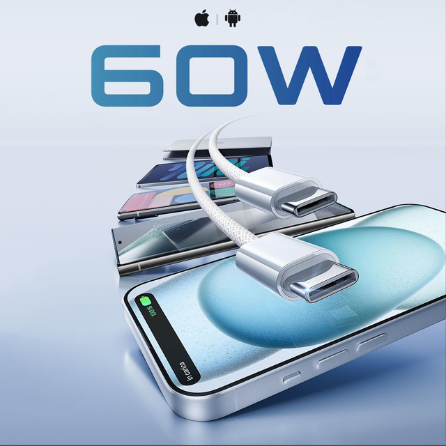 Kábel USB-C typu C Silný rýchly 60 W PD 1M pre iPhone 15 Alogy nylonový kábel biely