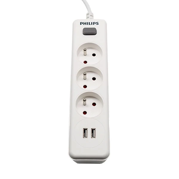Philips SPN3032WA/60 Strom-Verlängerungskabel (3 Steckdosen, 2 USB-A, 2 m, weiß)