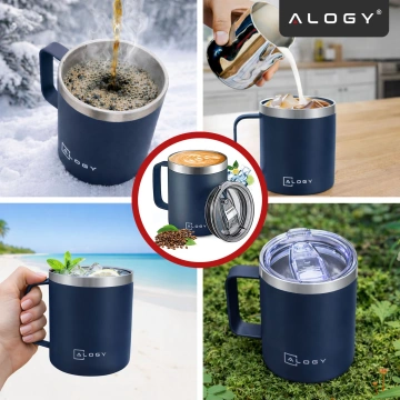Thermobecher 420 ml mit Griffdeckel für Kaffee, Tee, kalte und warme Getränke aus Stahl, Alogy, Marineblau