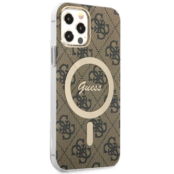 Nabíječka pouzdra Zestaw Guess GUBPP12MH4EACSW iPhone 12/12 Pro brązowy/hnědé pevné pouzdro 4G MagSafe Print