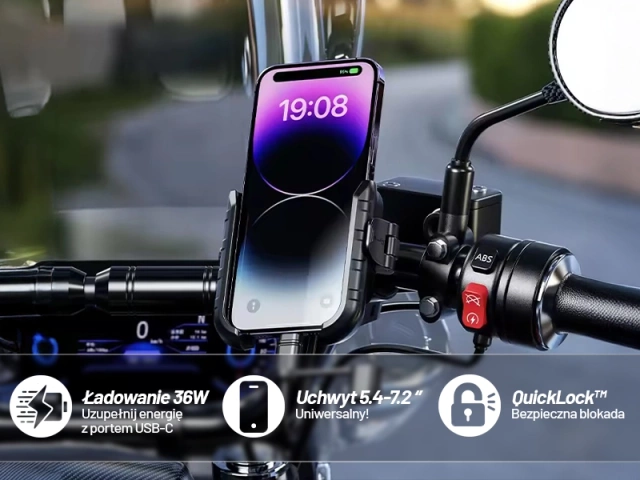 Kewig Motorrad-Handyhalterung mit 36-W-Schnellladefunktion (USB-C PD) für Lenker und Spiegel, 360°-Drehung, kompatibel mit Smartphones von 5,4 bis 7 Zoll – Schwarz