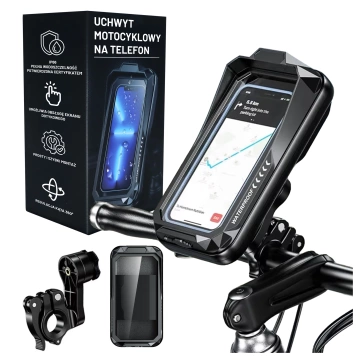 Držák na telefon na motocykl a kolo pro telefony do 7" Voděodolný, IP66 s dotykovou obrazovkou, s portem pro kabel, pro motocykly, kola, skútry, Kewigy - černý