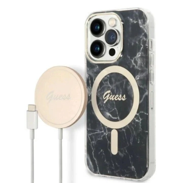 Zestaw Guess GUBPP14XHMEACSK Case Charger iPhone 14 Pro Max 6,7" čierne/čierne pevné puzdro MagSafe Marble
