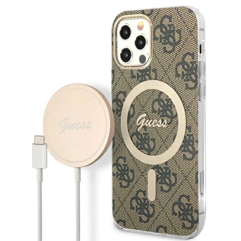 Zestaw Guess GUBPP12MH4EACSW Case Charger iPhone 12/12 Pro bronzowy/коричневий жорсткий чохол 4G MagSafe Print