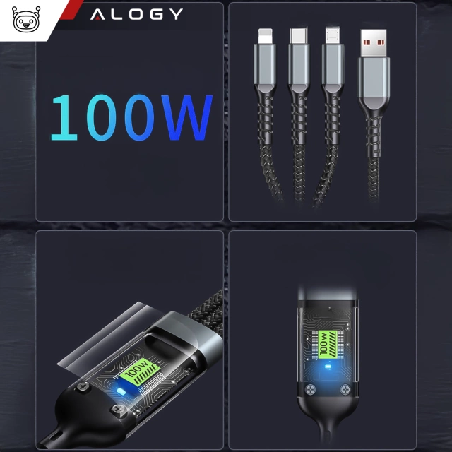 Kabel 120cm Alogy 3w1 Szybkie ładowanie Charging Cable 100W USB do USB-C + Micro + Lightning Czarny