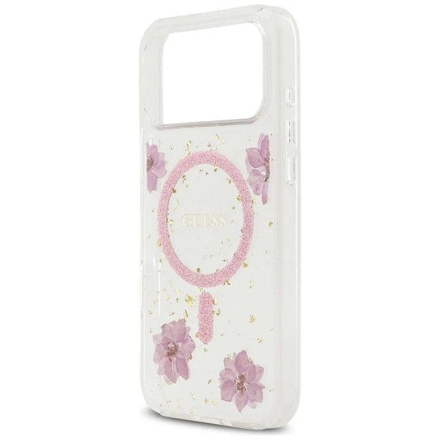 Etui Guess MagSafe do iPhone 17 Pro Max Resin Flowers Glitter Pink