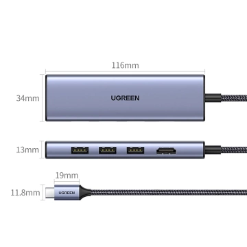 HUB 6w1 Ugreen CM511 USB-C HDMI 3xUSB-A SD TF 5Gb/s 4K Szary