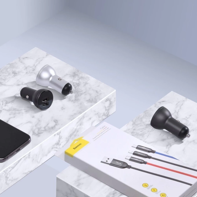 Baseus autonabíjačka 2x USB 4,8A 24W s LCD káblom 3v1 USB - USB Type C / micro USB / Lightning 1,2m čierny (TZCCBX-0G)