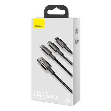 Baseus Tungsten 3v1 kábel USB - USB typu C / Lightning / micro USB 3,5 A 1,5 m čierny (CAMLTWJ-01)