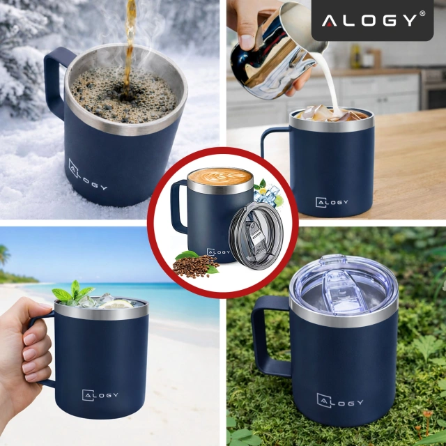 Thermal mug 420ml with handle lid for coffee tea steel cold and warm drinks Alogy navy blue