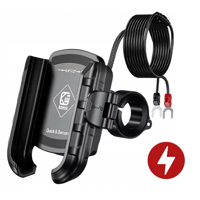 Kewig Motorcycle Phone Holder with Fast Charging 36W USB-C PD for Handlebar and Mirror, 360° Rotation, Compatible with Phones 5.4–7" - Black