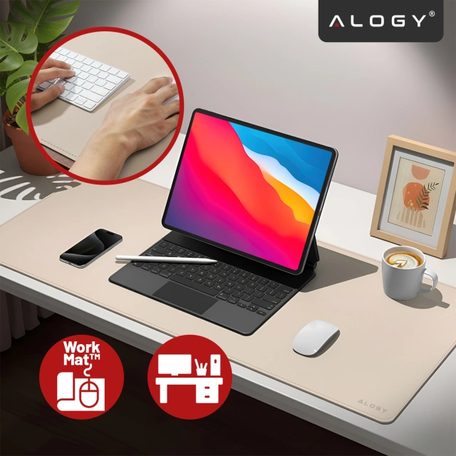 Desk pad 80×40 cm – anti-slip protective mat made of elegant PU eco-leather, for mouse and keyboard, stylish and durable – Alogy WorkMat™ Beige