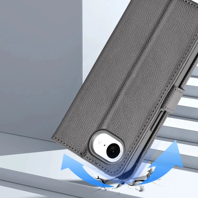 Kožené puzdro Dux Ducis Lawa s peňaženkou MagSafe pre iPhone 16e, sivé