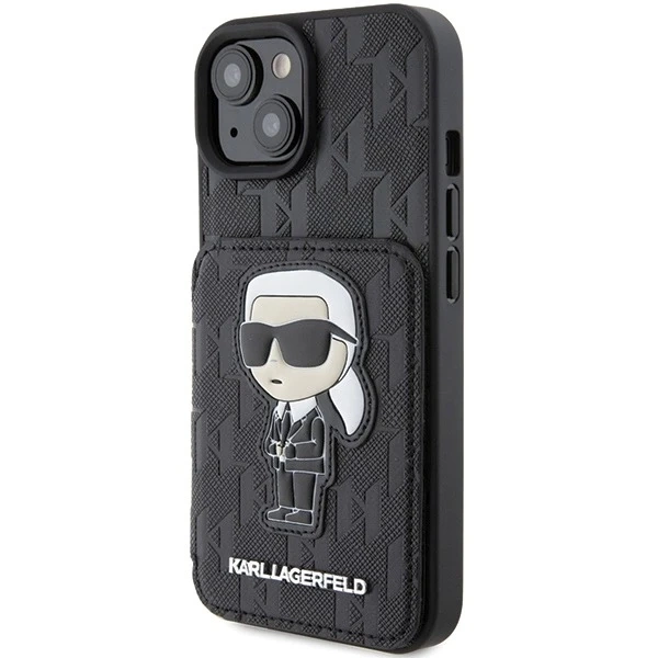 Etui Karl Lagerfeld KLHCP15SSAKKNSCK na iPhone 15 6,1" čierne/čierne pevné puzdro Saffiano Sloty na karty a stojan Monogram Ikonik Patch