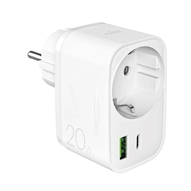 Ładowarka Puro 20W PD USB-C/USB-A + gniazdo Schuko – biała